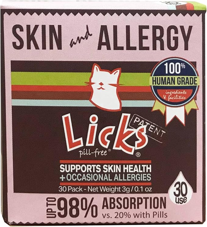 Licks Pill-Free Cat Skin and Allergy - Omega 3 Cat Allergy Relief - Cat Vitamins & Supplements for Itchy Skin - Turmeric Supplement for Cat Skin - Gel Packets - 30 Use