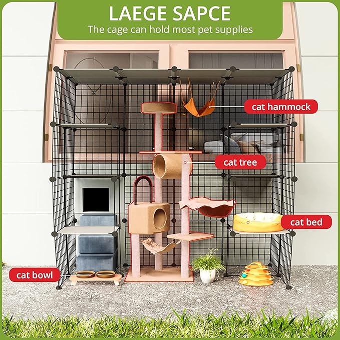 Outdoor Cat House, Cages Enclosure with Super Large Enter Door, 55.1L x 27.6W x 55.1H Balcony Cat Playpen with Platforms,DIY Kennels Crate, Exercise Place Ideal for 1-4 Cats, BLACK