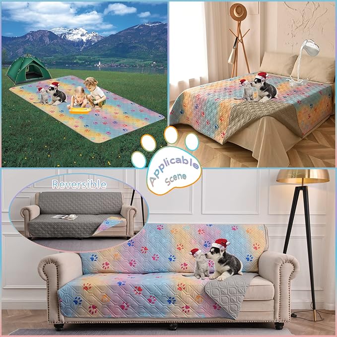 100% Waterproof Dog Bed Cover 52x82 inch Reversible Changing Pad Reusable Camping Mat for Kids/Pet/Dog/Cat Washable Geometric Embroidery Blanket Patchwork Rainbow Dog Paw Printed+Gray