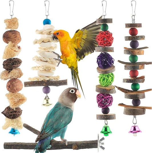 Bissap Bird Chew Toys, 5 Packs Parakeet Natural Wood Toys Parrot Hanging Cage Toy Bird Perch Stand for Small Bird Conure Cockatiel Parrotlet Lovebird Budgie