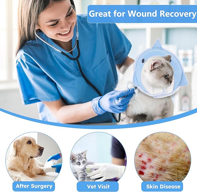 Cat Cone Collar Soft, Adjustable Cat Recovery Collar After Surgery to Prevent Licking Wound, Breathable Cat Neck Cone Comfortable Pet Elizabethan Collar for Cats Kittens Cute Shark Design