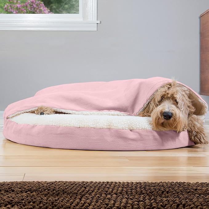 Furhaven 35" Round Orthopedic Dog Bed for Large/Medium Dogs w/ Removable Washable Cover, For Dogs Up to 50 lbs - Sherpa & Suede Snuggery - Pink, 35-inch