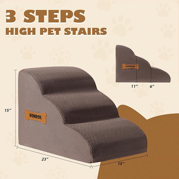 Dog Stairs, Romrol High Density Foam Dog Steps for High Bed and Couch, Dog Ramp with Durable Non-Slip Waterproof Fabric Cover, Pet Stairs for Small Dogs and Cats or Pets Joints, 3-Tiers,Coffee