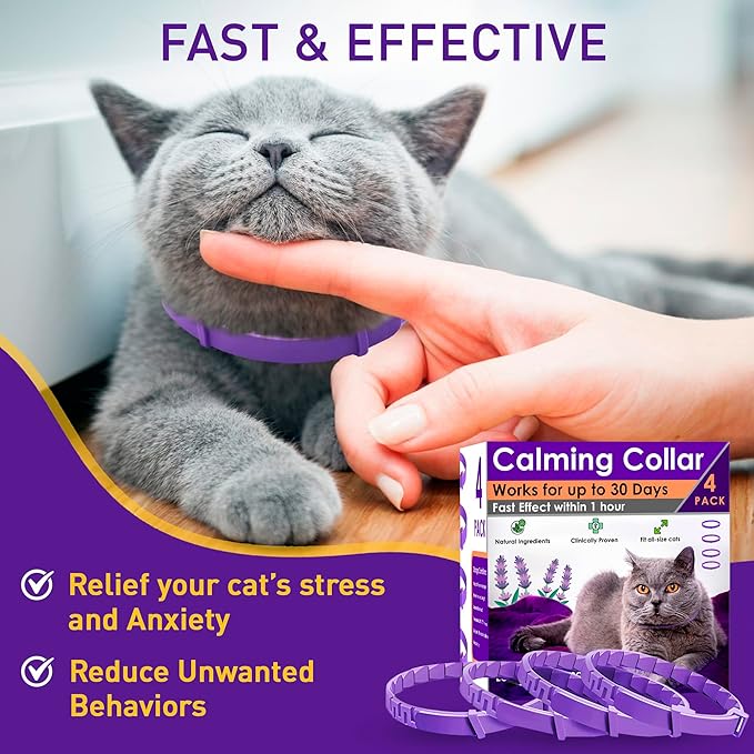 4 Pack Calming Collar for Cats – Pheromone Cat Calming Collar Cat Anxiety Relief and Stress – Adjustable Water Resistant Breakaway Calming Collars Natural Ingredients Pheromones Rapid Effect