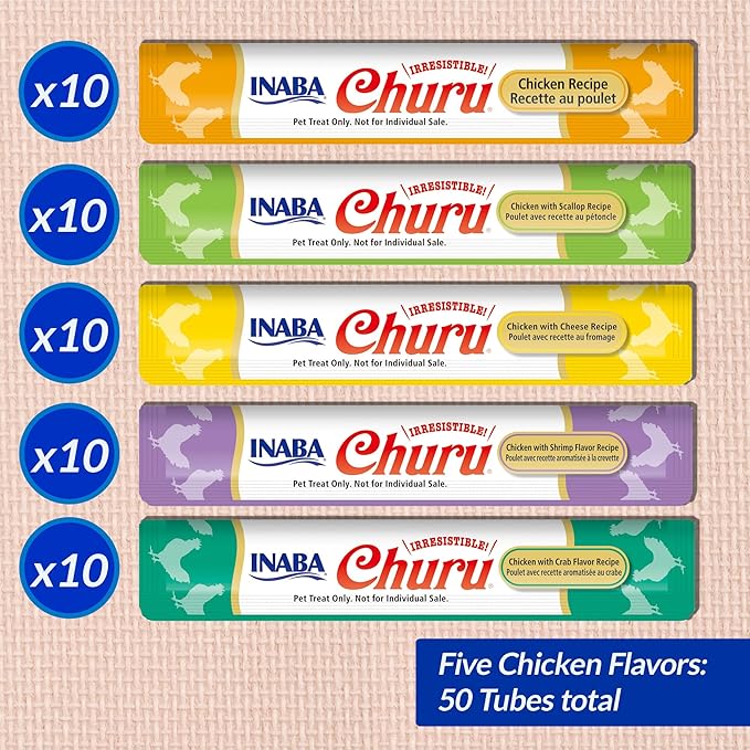 INABA Churu Cat Treats, Grain-Free, Lickable, Squeezable Creamy Purée Cat Treat/Topper with Vitamin E & Taurine, 0.5 Ounces Each Tube, 50 Tubes, Chicken Variety