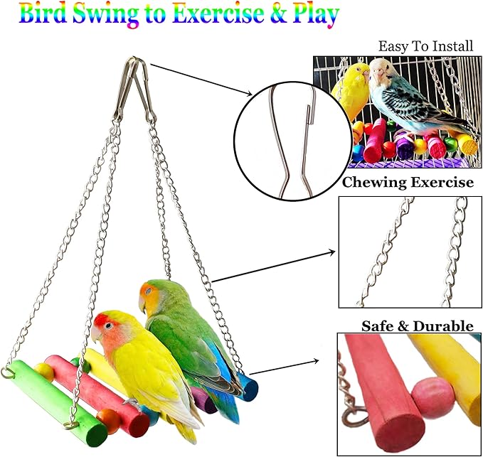 8 Pcs Parakeet Cockatiel Bird Toys, Hanging Bell Pet Bird Cage Hammock Swing Toy Wooden Perch Chewing Toy for Budgerigar, Conures, Love Birds, Finches, Mynah