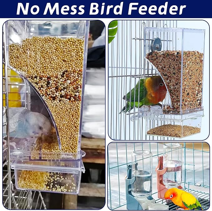 No Mess Bird Feeders with Water Dispenser Automatic Transparent Acrylic Food Container Drinker for Cage Automatic Parrot Feeder Seed Container Cage Accessories (Blue)