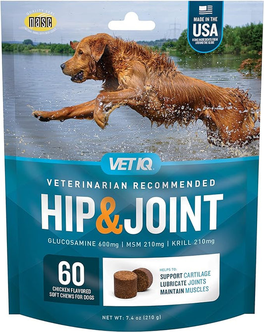 VetIQ Glucosamine Hip & Joint Supplement for Dogs, 60 Soft Chews, Dog Joint Support Supplement with MSM and Krill, Dog Health Supplies Large & Small Breed, Chicken Flavored Chewables