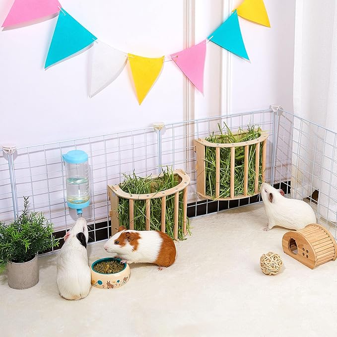 2PCS Guinea Pig Hay Feeder Wooden Rabbit Hay Feeder Big Volume Bunny Hay Holder Hanging Hay Rack with Instructions Guinea Pig Cages Accessories for Chinchilla and Ferret, Rabbit Cage Accessories