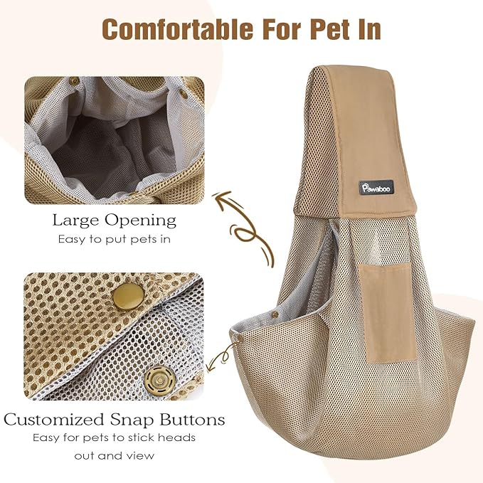 Pawaboo Dog Sling Carrier for Small Dogs, Ultra-Breathable Dog Carrier Sling Up to 14lbs, Hand-Free Widened Strap Dog Purse for Cat & Puppy, Dog Pouch Carrier Built-in Safety Leash, Khaki