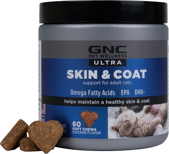 GNC Pets Ultra Skin & Coat Soft Chews, Cats, Chicken Flavor. 60-ct in an 8-oz Canister | Skin and Coat Supplements for Cats in Chewable Chicken Flavor