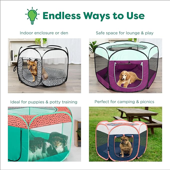Furhaven Pop Up Playpen Pet Tent Playground - Green & Pink, Medium