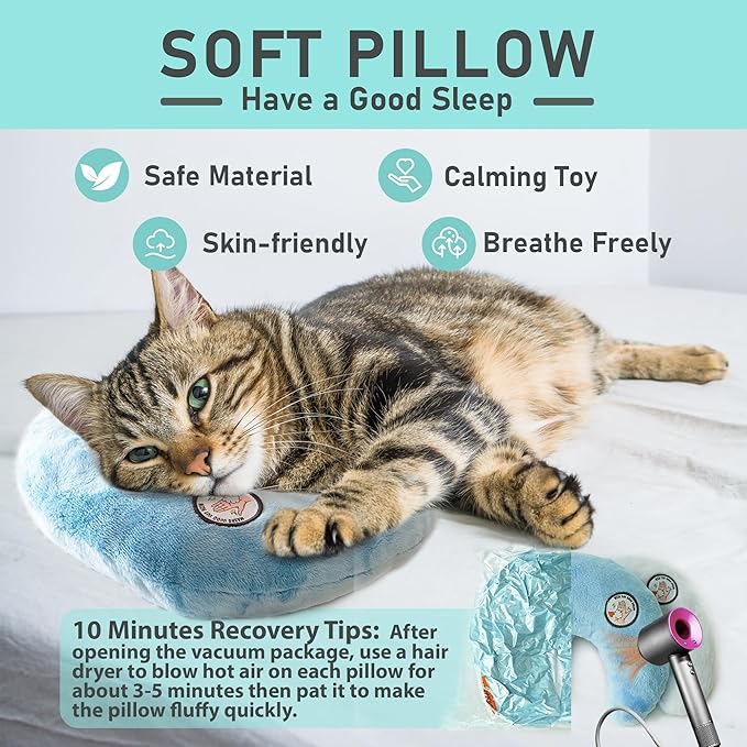 Cat Pillow, Dog Pillow, Claming Pillows for Small Dogs and Cats, Joint Relief Sleeping Improve Pet Neck Pillow， Deep Sleep Fluffy & Cozy Pet Calming Toy，Machine Washable(2 Pack(Blue&White))