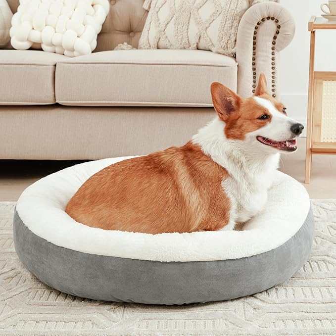 Love's cabin Round Donut Cat and Dog Cushion Bed, 25in Pet Bed for Small or Medium Dogs, Anti-Slip & Water-Resistant Bottom, Soft Durable Fabric Pet Beds, Washable Calming Cat & Dog Bed Grey