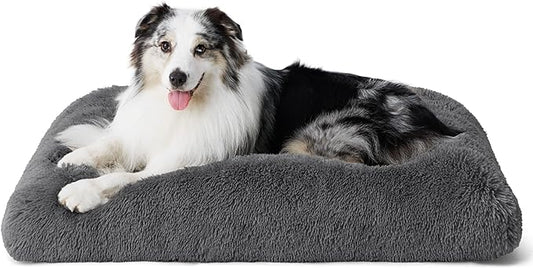 Bedsure Large Dog Bed Washable, Plush Calming Dog Crate Beds for Large Breed, Fulffy Dogs Sleeping Mat, Anti-Slip Pet Kennel Pad, 35" x 23", Dark Grey