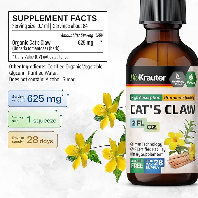 Cats Claw Herbal Supplement - Organic Cats Claw Tincture - Liquid Extract for Immune Support - Alcohol & Sugar Free - Vegan Drops 2 Fl.Oz.