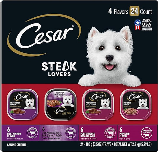 CESAR Adult Soft Wet Dog Food Steak Lovers Variety Pack with Real Meat, (24) 3.5 oz. Trays