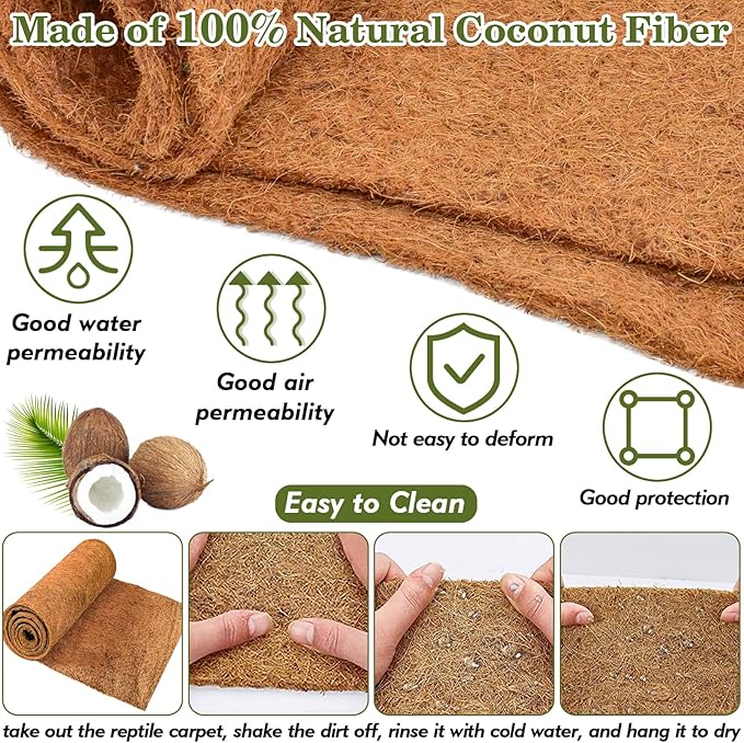 ZeeDix 3 Pieces Coconut Fiber Reptile Substrate Mat, 12 x 20 inches Natural Coco Mat Reptile Carpet Coco Fiber Liner Turtle Bedding Reptile Terrarium Liner for Lizard Snake Turtle Gecko Bearded Dragon