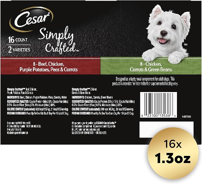 CESAR SIMPLY CRAFTED Adult Wet Dog Food Meal Topper, Chicken, Carrots & Green Beans and Beef, Chicken, Purple Potatoes, Peas & Carrots Variety Pack, 1.3 oz., Pack of 16