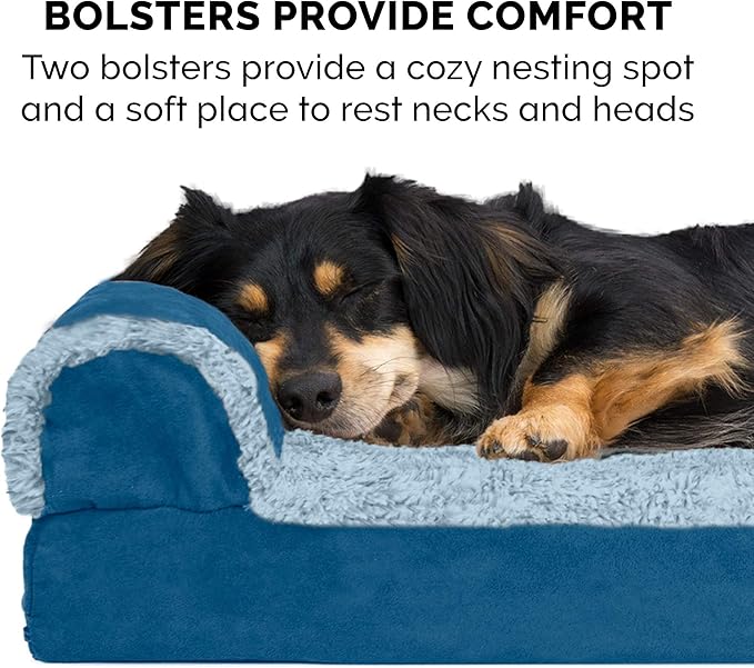 Furhaven Orthopedic Dog Bed for Large Dogs w/ Removable Bolsters & Washable Cover, For Dogs Up to 125 lbs - Two-Tone Plush Faux Fur & Suede L Shaped Chaise - Marine Blue, Jumbo Plus/XXL