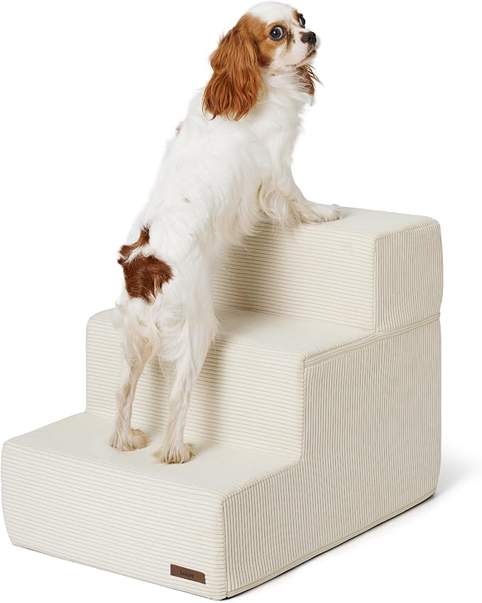 Lesure Dog Stairs for High Beds, Extra Wide Pet Stairs, 3-Steps Dog Steps for Medium/Small Dogs and Old Cats, Foldable Dog Steps with CertiPUR-US Certified Foam and Non-Slip Bottom, Beige