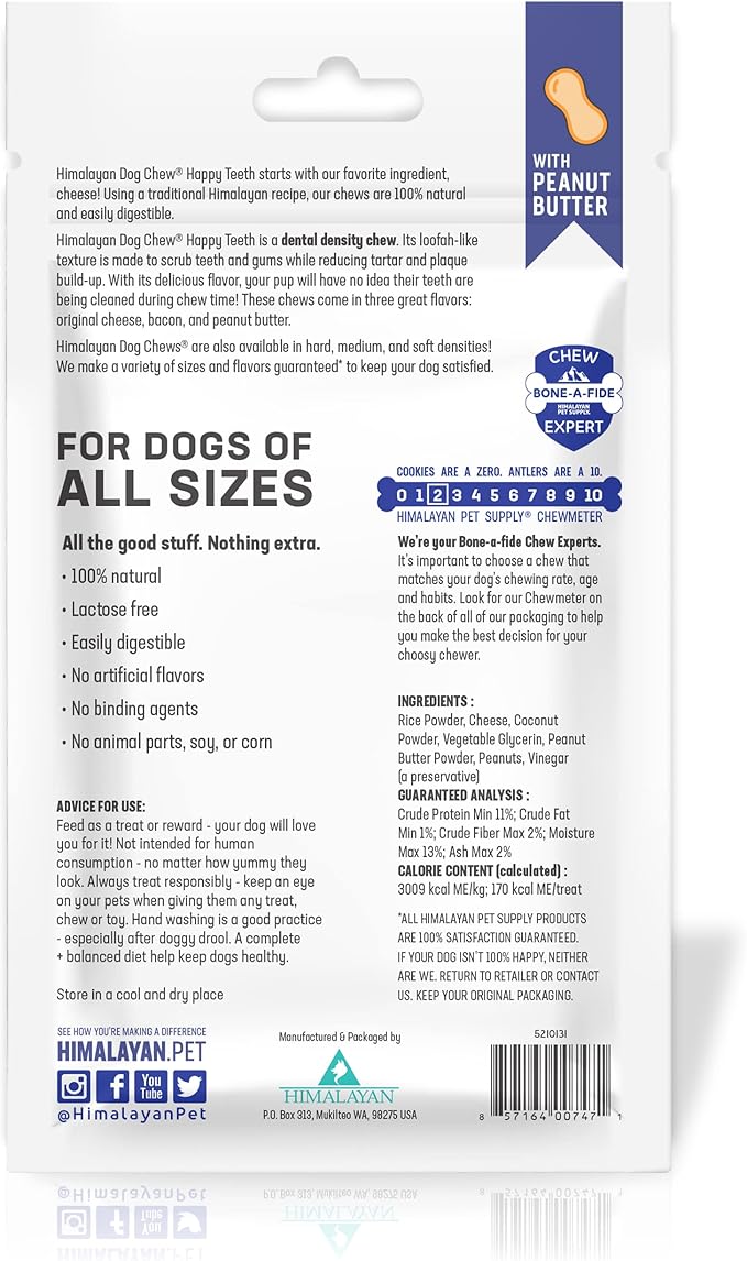 Happy Teeth Natural Cheese Dog Chews | Peanut Butter Flavor | Dental Chew | Protein Rich | Gluten Free - Lactose Free - Wheat Free - Soy Free | 2 Happy Teeth Chews per Resealable Pouch