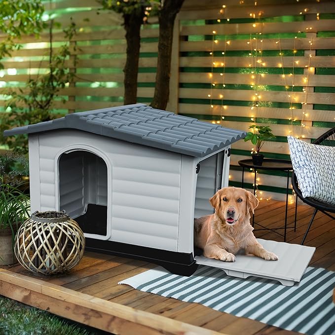 YITAHOME 43.7'' Large Double Door Dog House with Porch & Cushion, Outdoor Plastic Doghouse with Elevated Base, Easy to Install, Water-Resistant Pet House for Medium Large Dogs (43.7''L*33''W*31.6''H)