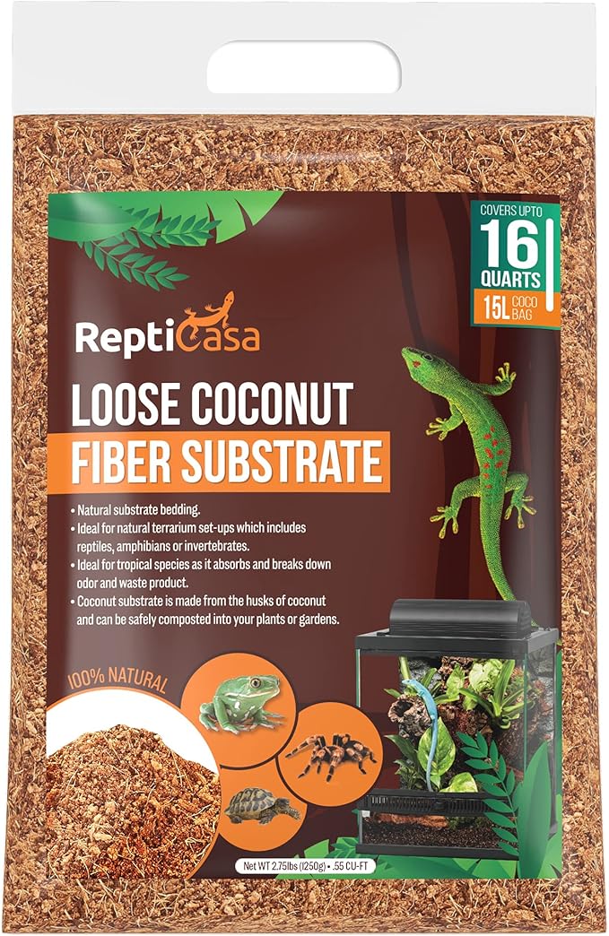 Loose Coconut Substrate Husk Fibers, 16 Quarts Bag, Clean Natural Terrarium Bedding for Reptiles, Amphibians, or Invertebrates, Waste, Liquid and Odor Absorbent