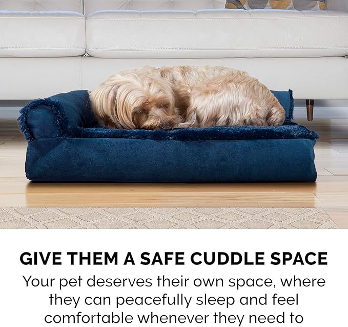 Furhaven Memory Foam Dog Bed for Large Dogs w/ Removable Bolsters & Washable Cover, For Dogs Up to 125 lbs - Plush & Velvet L Shaped Chaise - Deep Sapphire, Jumbo Plus/XXL