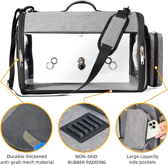 Lightweight Bird Parrot Carrier Travel Bag with Perch Stand, Waterproof Pads, for Parakeets Cockatiels Conures Finches Love Birds Small Medium Birds - Gray