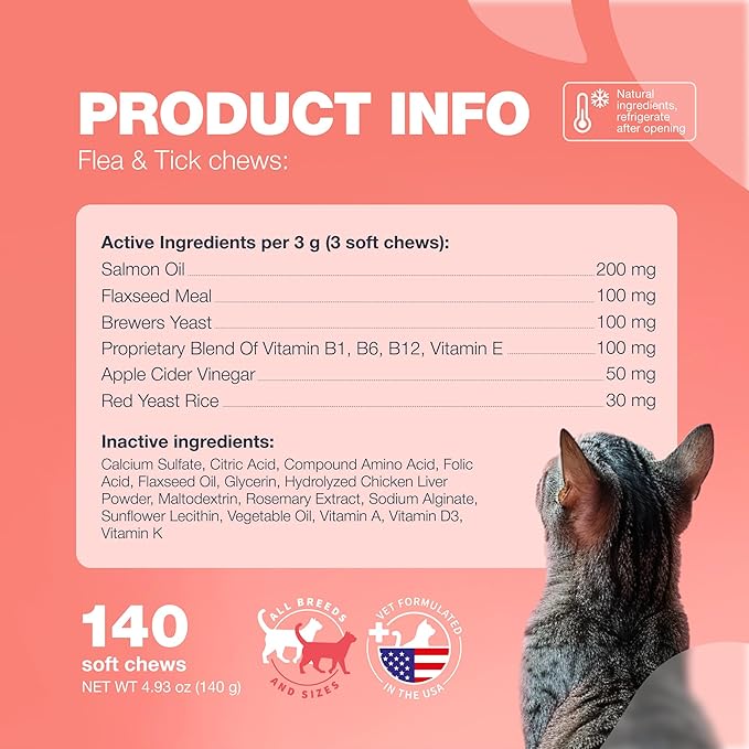 Flea Treatment for Cats - Daily Oral Cat Flea and Tick Treatment Chews - Chewable Kitten Flea Treatment - Soft Treats for All Breeds & Ages - Natural Chicken-Flavor Flea and Tick Supplement for Cats