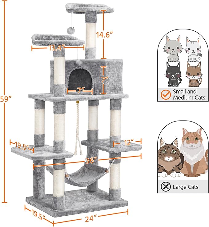 Yaheetech 59 inches Multi-Level Cat Tree Condos Stand Furniture Climber Castle with Cat Scratching Posts, Plush Perch and Hammock for Kittens,Cats and Pets