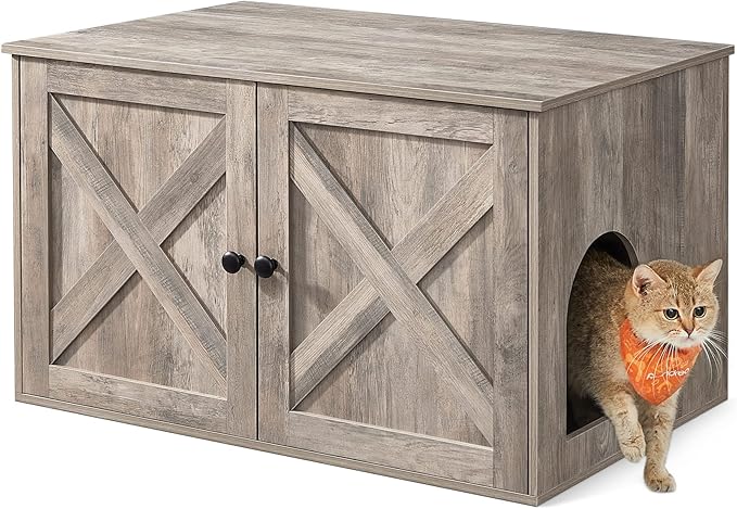 Feandrea Cat Litter Box Enclosure, Litter Box Furniture Hidden with Removable Divider, Indoor Cat House, End Table, 31.5 x 20.9 x 19.7 Inches, Greige UPCL002G01