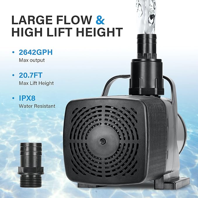 Simple Deluxe 2642GPH 180W Submersible Water Pump 20.7FT High Lift with 16-Foot Power Cord for Aquariums, Fish Tank, Pond, Fountain, Hydroponics, Black