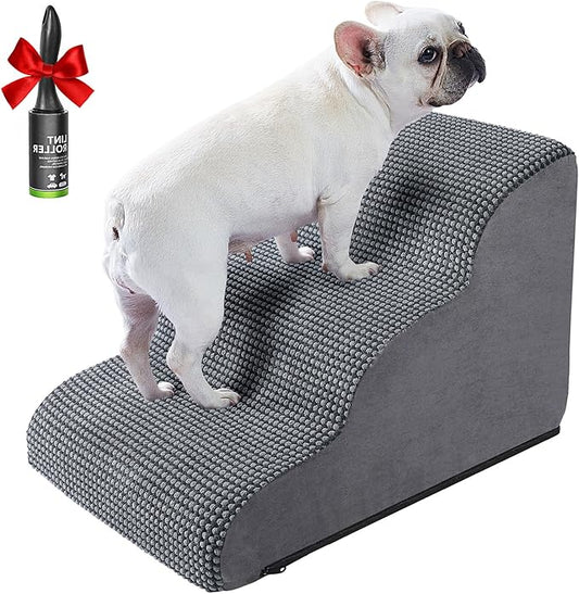 Ryoizen Dog Stairs Ramp for Small Dogs, Pet Stairs Tool for High Bed Couch, Dog Ladder as Puppy Stuff, 3 Tiers Non-Slip Pet Stairs with High Density Foam, Gifts Lint Roller for Dogs, Grey Black