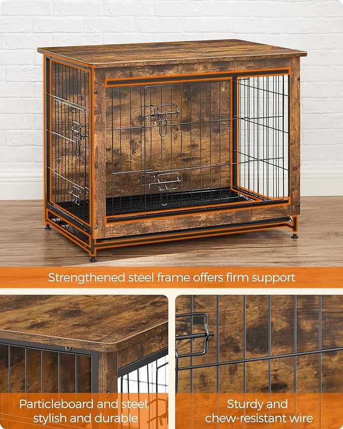 Feandrea Dog Crate Furniture, Side End Table, Modern Kennel for Dogs Indoor up to 45 lb, Heavy-Duty Dog Cage with Multi-Purpose Removable Tray, Double-Door Dog House, Rustic Brown UPFC002X01