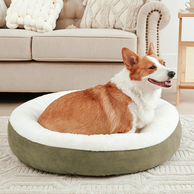 Love's cabin Round Donut Cat and Dog Cushion Bed, 25in Pet Bed for Small or Medium Dogs, Anti-Slip & Water-Resistant Bottom, Soft Durable Fabric Pet Beds, Washable Calming Cat & Dog Bed Olive Green