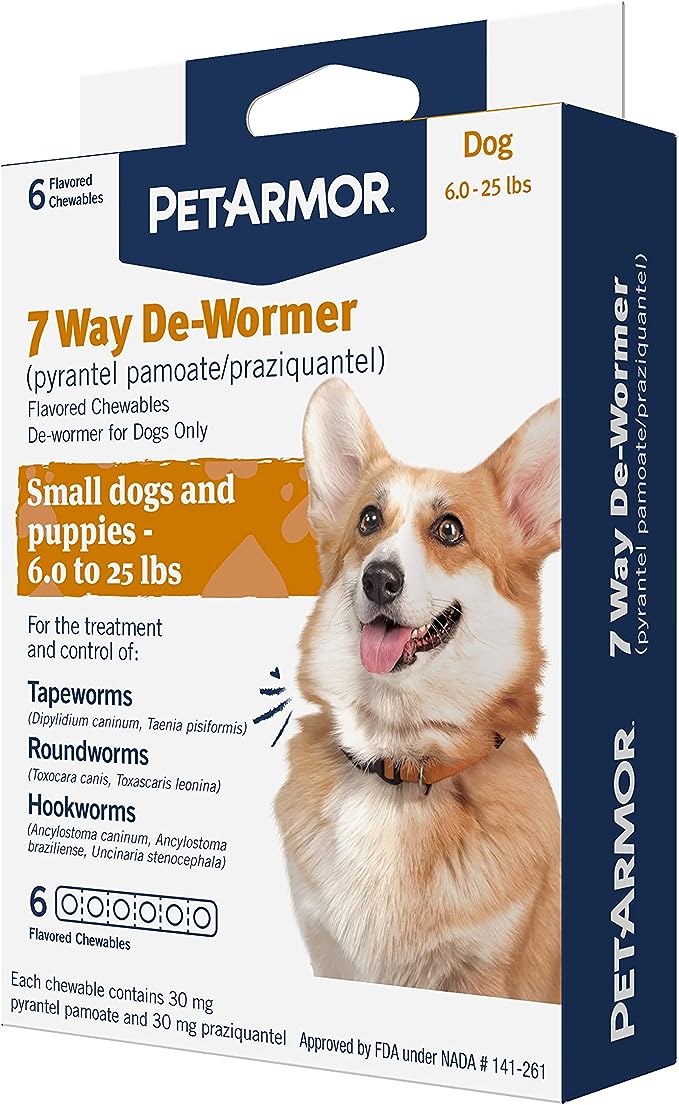 PetArmor 7 Way De-Wormer for Dogs, Oral Treatment for Tapeworm, Roundworm & Hookworm in Small Dogs & Puppies (6-25 lbs), Worm Remover (Praziquantel & Pyrantel Pamoate), 6 Flavored Chewables