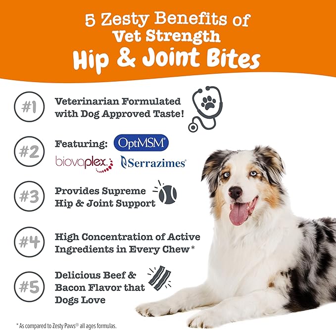 Zesty Paws Vet Strength Mobility Bites Beef & Bacon Flavor Hip & Joint Support Chews for Dogs with Glucosamine, Chondroitin, MSM, Hyaluronic Acid & Serrazimes - 90 Count