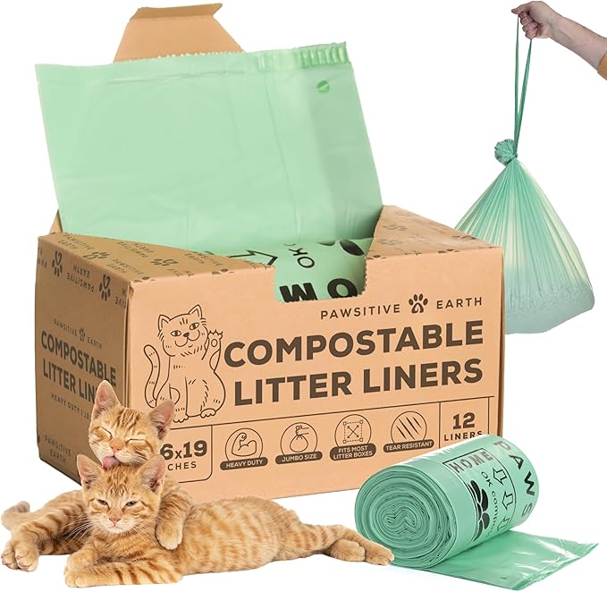 Cat Litter Box Liners 100% Compostable - Drawstring Close - 12 Count - Jumbo Size 36" x 19" - Tear & Leak Resistant - OK Compost Home Certified