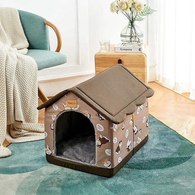 Jiupety Dog House Indoor, L Size Indoor Dog House for Medium Dog, Warm Cave Sleeping Nest Bed for Cats and Dogs, Brown