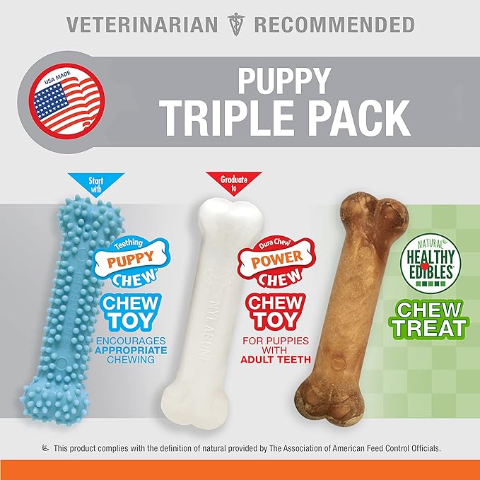 Nylabone Puppy Triple Pack - Blue Puppy Teething Toy, Nylon Dog Toy, & Chew Treat Variety Pack - Puppy Supplies - Chicken and Bacon Flavors, Small/Regular (3 Count)