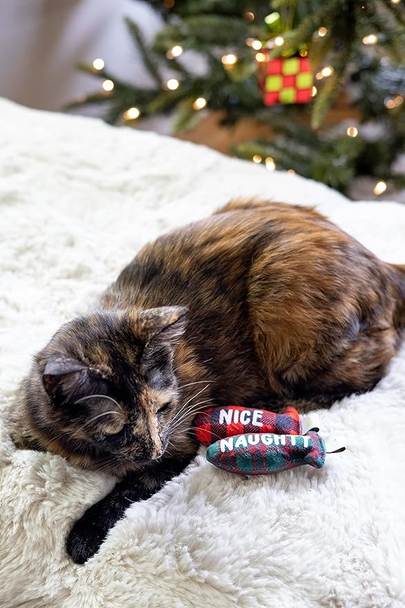 Pearhead Naughty Or Nice Christmas Cat Toy Set, Holiday Pet Owner Gift, Christmas Must Have Toy Set, Cat Teaser Toy, with Catnip Pouch, Set of 2
