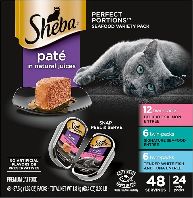 SHEBA Perfect Portions Paté Wet Cat Food Trays (24 Count, 48 Servings), Signature Seafood Entrée, Easy Peel Twin-Pack Trays