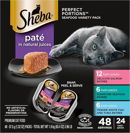 SHEBA Perfect Portions Paté Wet Cat Food Trays (24 Count, 48 Servings), Signature Seafood Entrée, Easy Peel Twin-Pack Trays