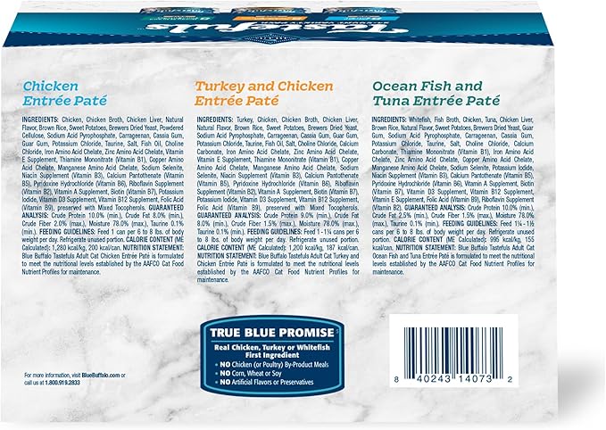 Blue Buffalo Tastefuls Wet Cat Food Paté Variety Pack, Made with Natural Ingredients | Chicken, Turkey & Chicken, Ocean Fish & Tuna Entrées, 5.5-oz. Cans (24 Count, 8 of Each)