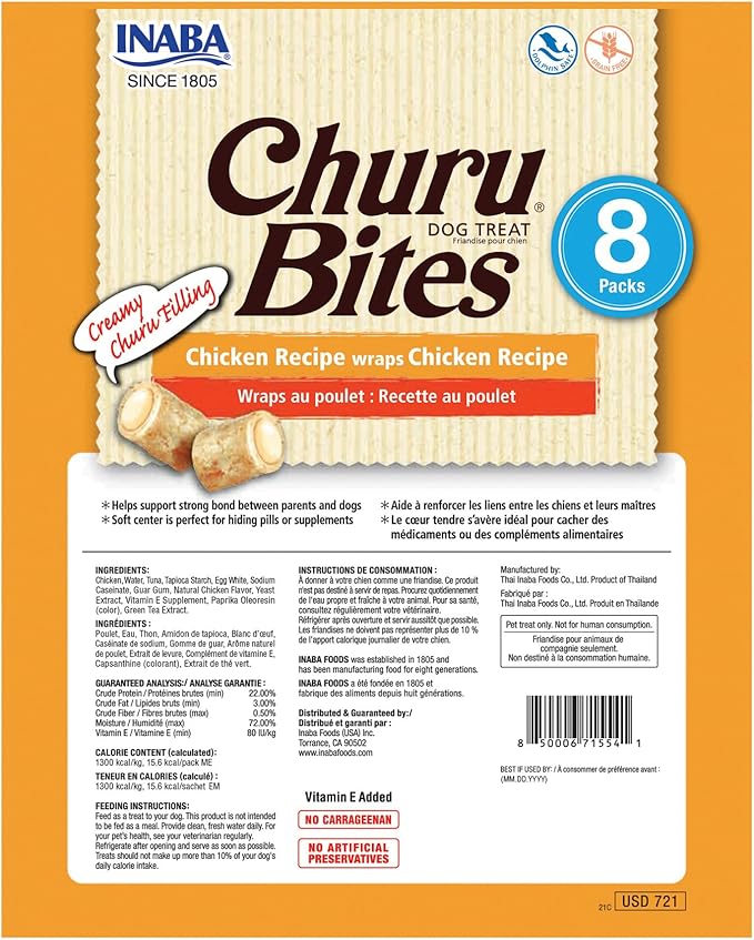 INABA Churu Bites for Dogs, Soft & Chewy Baked Chicken Wrapped Filled Dog Treats, 0.42 Ounces Each Tube, 48 Tubes Total (8 Tubes per Pack), Chicken Recipe