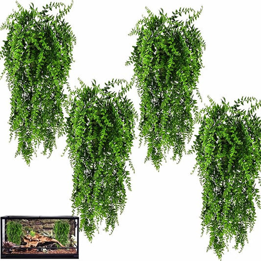 HERCOCCI 4 Pack Reptile Plants, Terrarium Hanging Plants Vines Artificial Leaves Habitat Decorations with Suction Cup for Bearded Dragon Hermit Crab Lizard Snake Geckos Chameleon