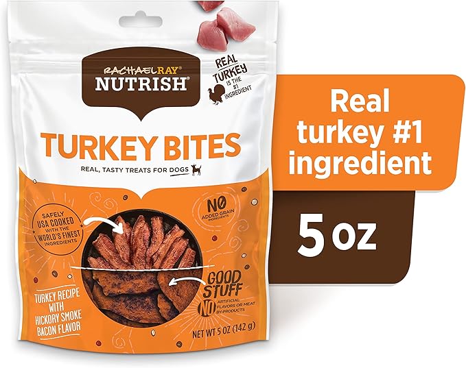 Rachael Ray Nutrish Turkey Bites Real Meat Grain Free Dog Treats, Turkey Recipe with Hickory Smoked Bacon Flavor, 5 Ounce (Pack of 5) Packaging May Vary