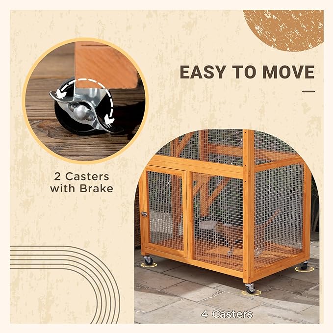 74 Inch Wooden Catio Outdoor Cat Enclosure on Wheels, Luxury Kitty-House with Resting House, 2 Jumping Platforms & Weatherproof Asphalt Roof, Kitty Condo Cage Shelter Playpen